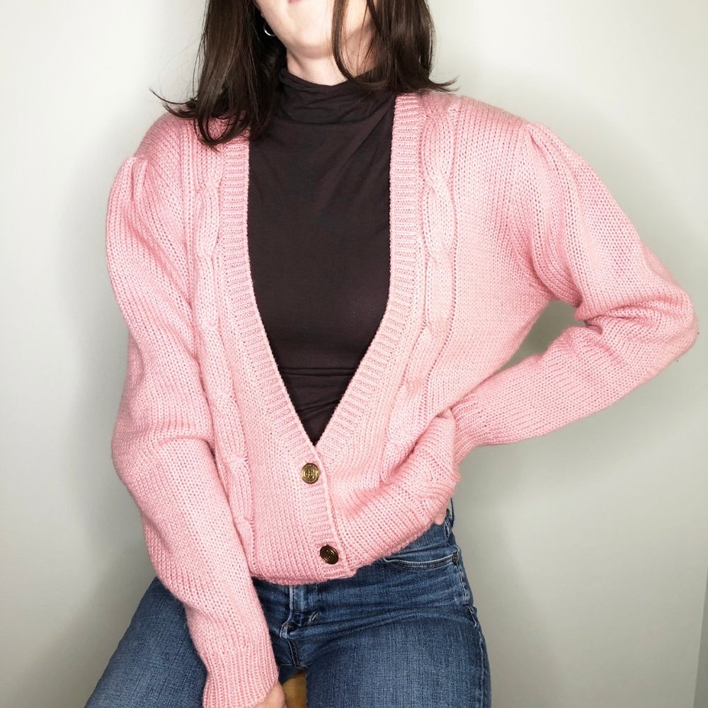 Vintage Oversized Pink Cable Knit Cardigan Sweater